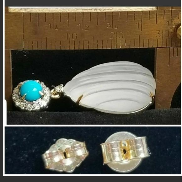 Earrings 14k Gold Diamond Turquoise Rock Crystal Quartz Drop- Estate Jewelry 7g - Picture 12 of 12